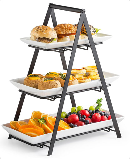 YHOSSEUN 3 Tier Serving Tray Tiered Tray Stand, Ceramic Serving Platters and Trays with Metal Rack, 10+12+14 Inch Large Serving Trays for Party 3 Tier Serving Stand Dessert Display Set, Black