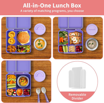 Bento Box for Kids with Thermo Food Container (9oz), 4-Compartment Lunch Box, Adjustable Divider, Leakproof Bento Lunch Box, Includes Utensils & Carry Bag for School, Office(Blue)