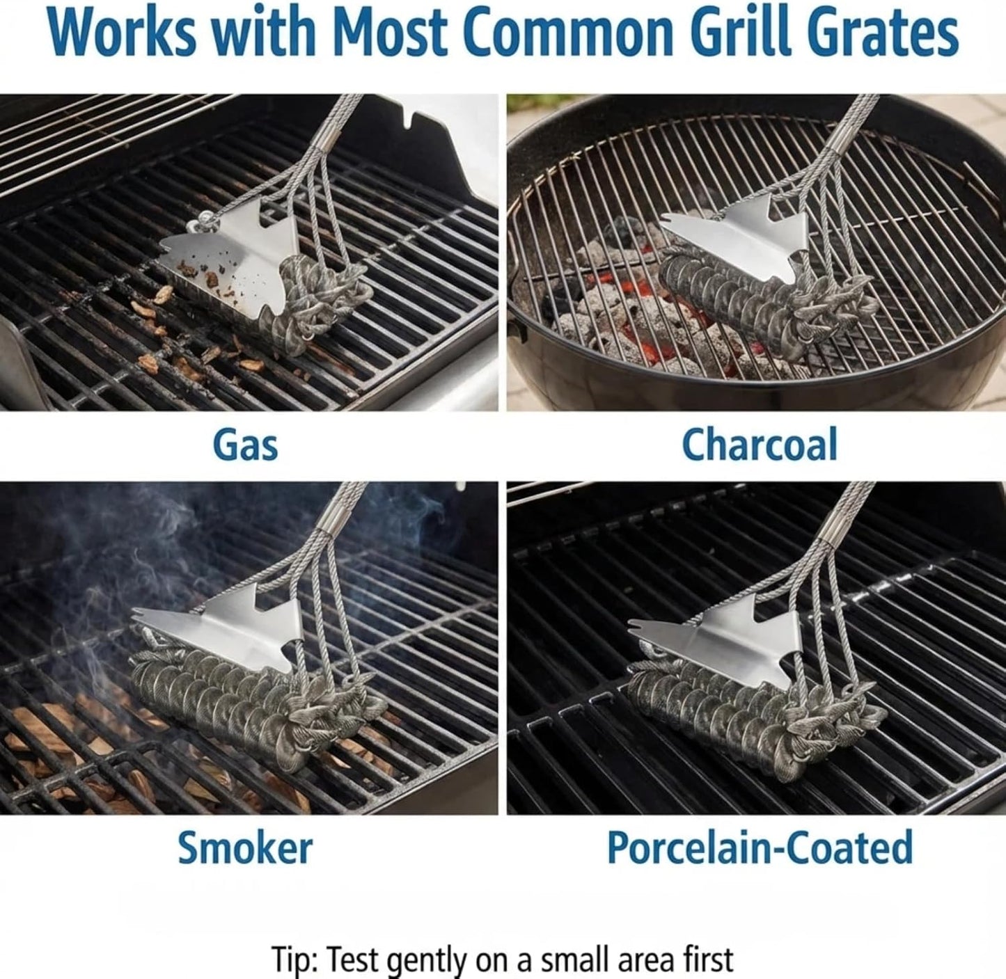 Bristle-Free Grill Brush with Scraper - Reinforced Coil Grill Cleaning Brush, Long Handle Safe BBQ Cleaner for Gas and Charcoal Grates