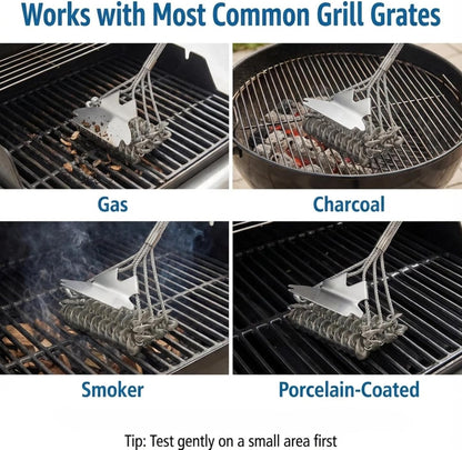Bristle-Free Grill Brush with Scraper - Reinforced Coil Grill Cleaning Brush, Long Handle Safe BBQ Cleaner for Gas and Charcoal Grates
