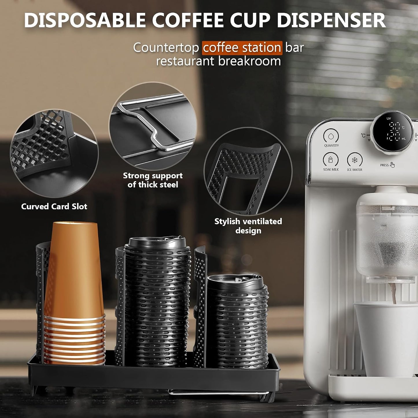 Paper Cup and Lid Holder, Disposable Coffee Cup Dispenser, 3-Slot Upright Paper Cup Dispenser for Coffee Stations, Kitchens, Bars, Restaurants, Lounges (Black)