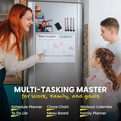 Magnetic Weekly Planner for Fridge - 17x12” Stain-Resistant Dry Erase Whiteboard Fridge Calendar with Large Writing Space for Schedules, Chores & Meals - Includes 4 Markers & Eraser