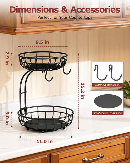 Sevenblue 2 Tier Large Fruit Basket for Kitchen Counter with Removable Banana Hanger - Sturdy Iron Fruit Bowl for Kitchen Counter and Vegetable Holder, Fruit Holder for Home Decor, Black