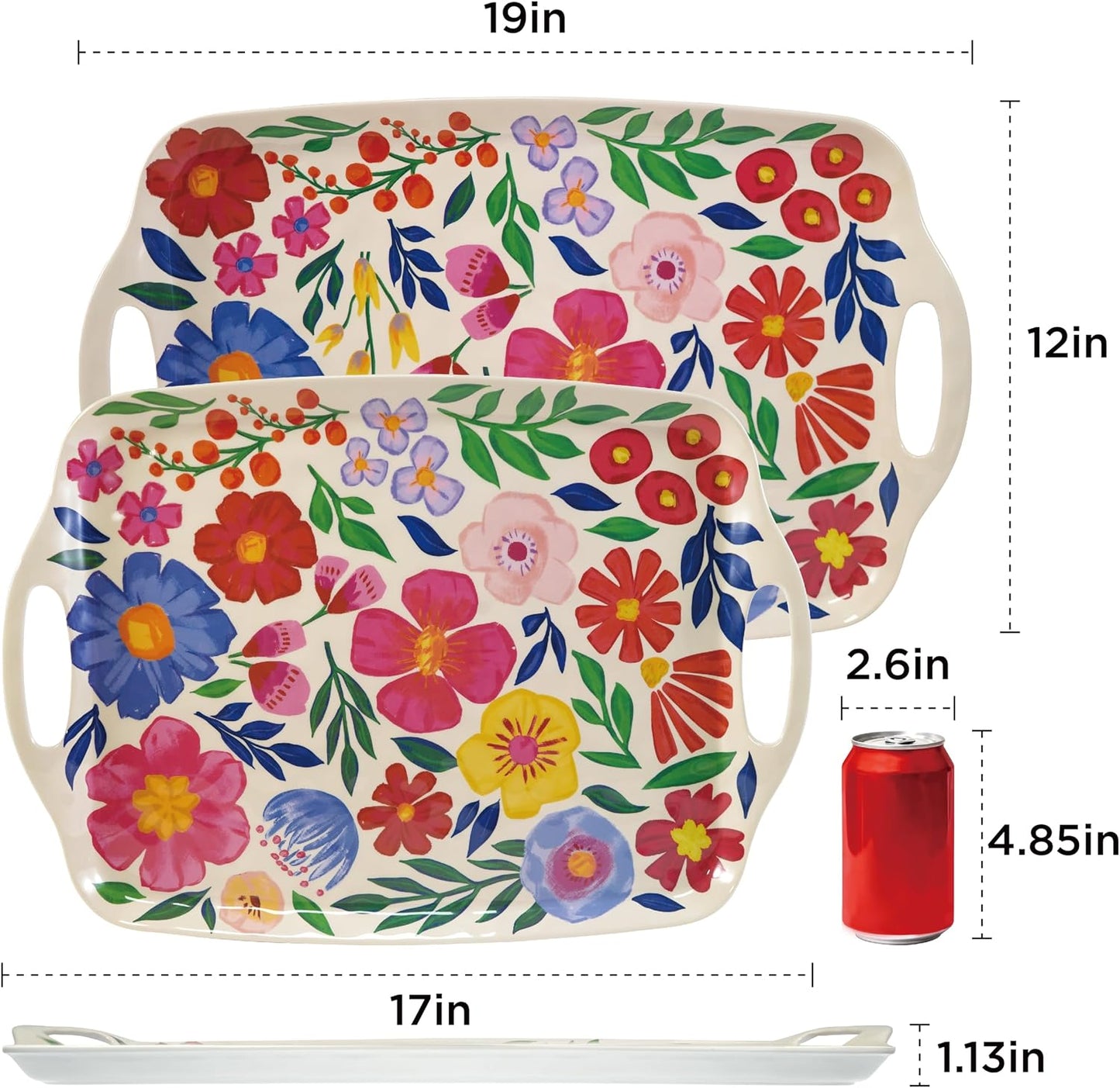 TP Large Serving Trays with Handles, 19" x 12" Melamine Serving Platters for Food, Turkey, Set of 2 Rectangular Trays for Party, Pure White