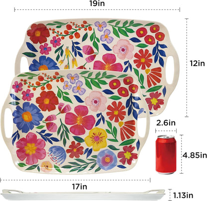 TP Large Serving Trays with Handles, 19" x 12" Melamine Serving Platters for Food, Turkey, Set of 2 Rectangular Trays for Party, Pure White