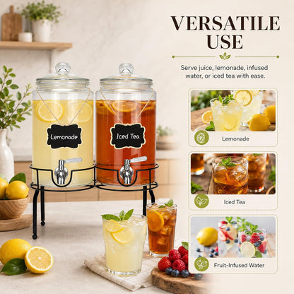 1 Gallon Beverage Dispenser 1 Pack, Stainless Steel Spigot Drink Dispenser for Parties with Stand, Clear Glass Drink Container Easy to Refill and Clean