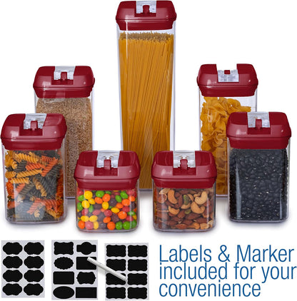 Set of 7 Airtight Food Storage Containers - Pantry Organizer Bins, BPA Free Plastic Containers plus Dry Erase Marker and Labels, White