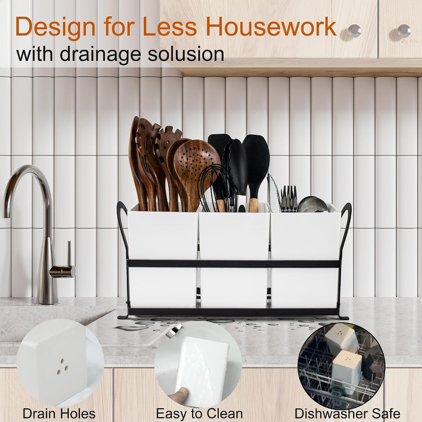 Czlizdyt Cutlery Holder with Drain Holes, Silverware Caddy for Party Countertop, 3pcs Bins Set Utensil Holders for Spoon and Fork, White