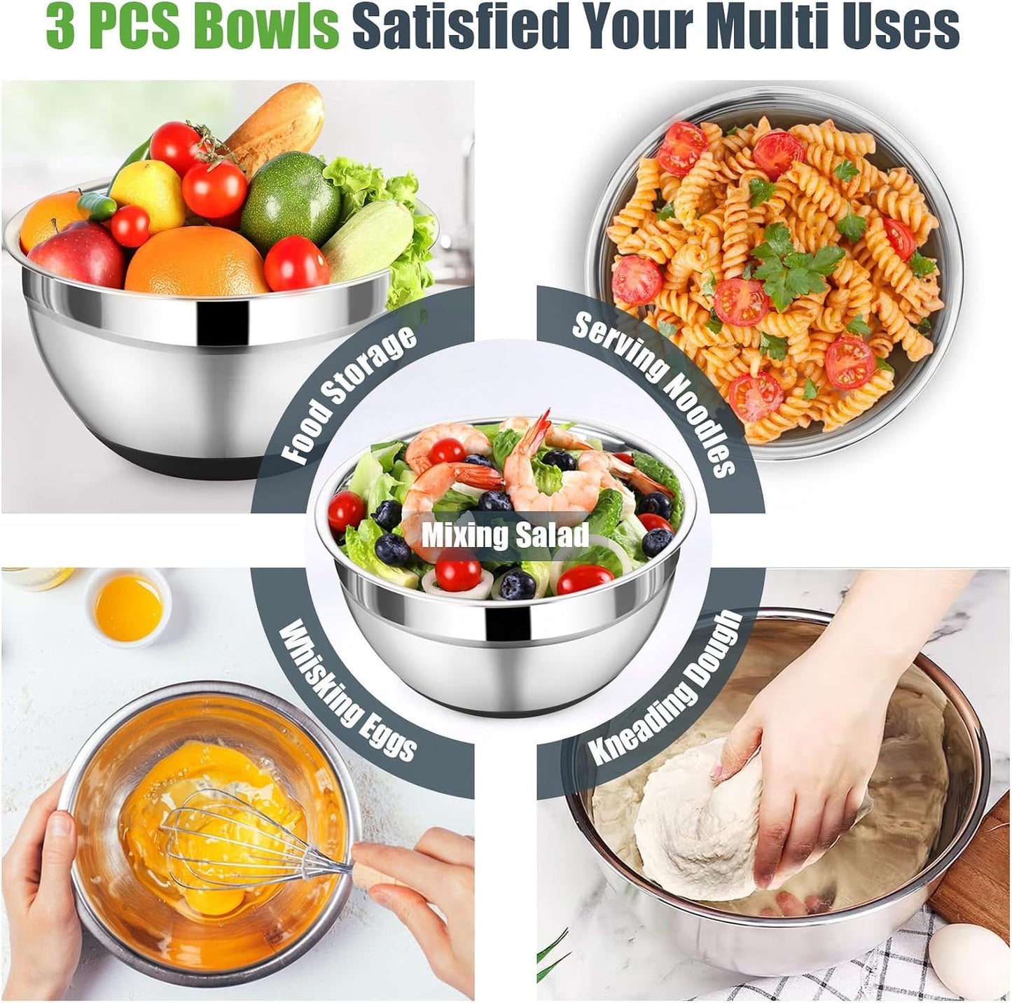 P&P CHEF Mixing Bowl with Lids Set of 3, Stainless Steel Nesting Salad Bowls for Serving Preparing, 3 Grater Attachments & Non-Slip Bottoms, Size 1.5/2.6/4.6 QT, Khaki