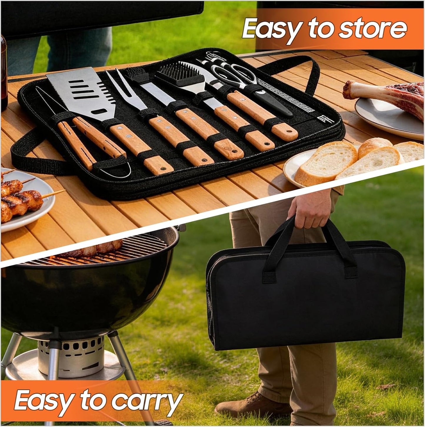 18 Piece Outdoor BBQ Grill Set, Heavy Duty Stainless Steel Grilling Utensils Kit with Portable Carry Bag, Complete Camping Barbecue Tool Set, Ideal Grilling Gift for Men Dad Backyard BBQ Party