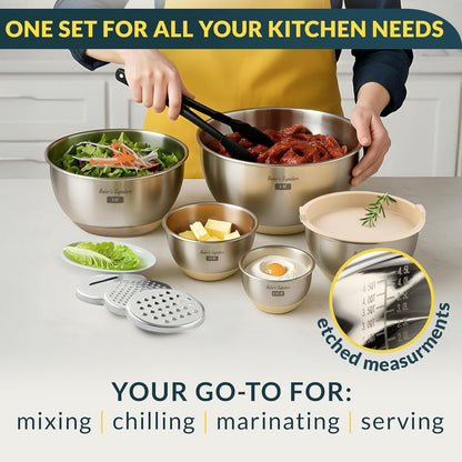 Baker's Signature Stainless Steel Mixing Bowls with Lids Set, 5 Sizes, 3 Graters, Non-Slip Base, Airtight Lids, Metal Mixing Bowls for Kitchen, Food Prep, Storage, 0.63QT-5QT, Black