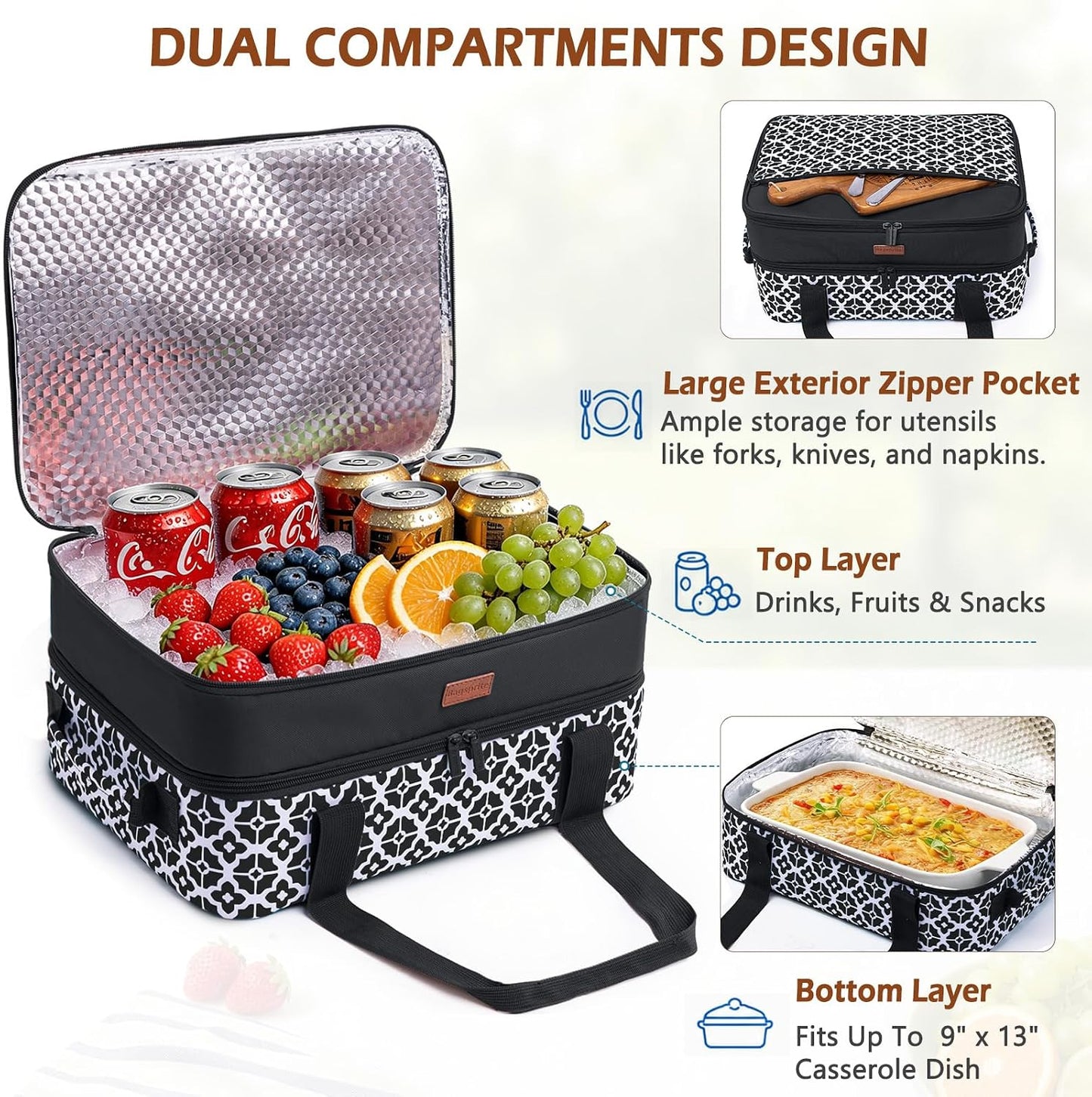 Double Layer Insulated Casserole Carrier, Fits 9" x 13" Baking Dish, Food Transport Carrier with Utensil Pocket for Hot & Cold Dishes, Reusable Potluck Tote for Thanksgiving, Parties&Family Gatherings
