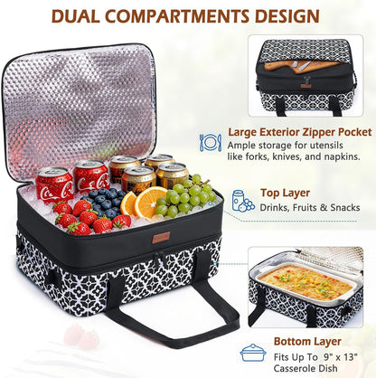Double Layer Insulated Casserole Carrier, Fits 9" x 13" Baking Dish, Food Transport Carrier with Utensil Pocket for Hot & Cold Dishes, Reusable Potluck Tote for Thanksgiving, Parties&Family Gatherings