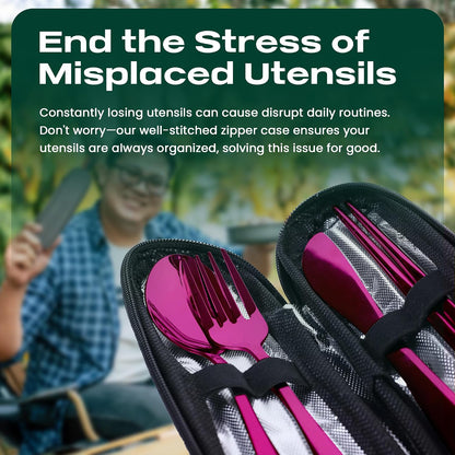 Taplord Portable Travel Silverware Set With Case, Includes 10 Pcs of Travel Utensils With Case, Stainless Steel Flatware Set For Camping, Lightweight (Multi-Color)