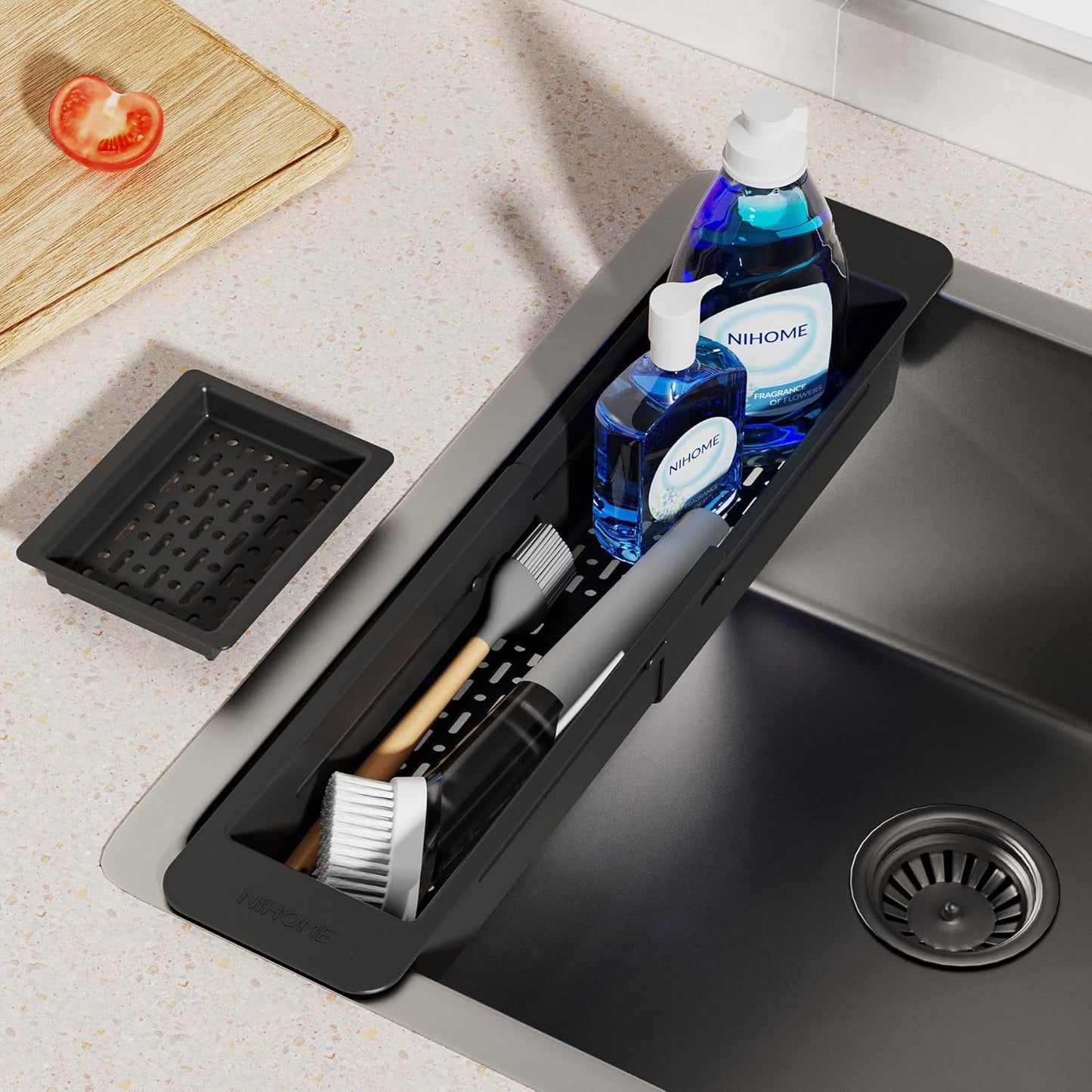 NiHome Extendable Over Sink Kitchen Organizer, Small Telescopic Brush Storage Rack for Sponge, Non-Slip Pads Expandable Sink Caddy, Adjustable Sponge/Brush Rack with Drainage Durable ABS (Dark Gray)