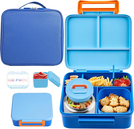 Bento Lunch Box for Kids with Thermo, Leakproof Bento Box with 8oz Insulated Food Jar, Insulated Bottle, Lunch Bag, BPA Free Dishwasher Safe 4 Compartment Container for School Girls Boys (Pink)