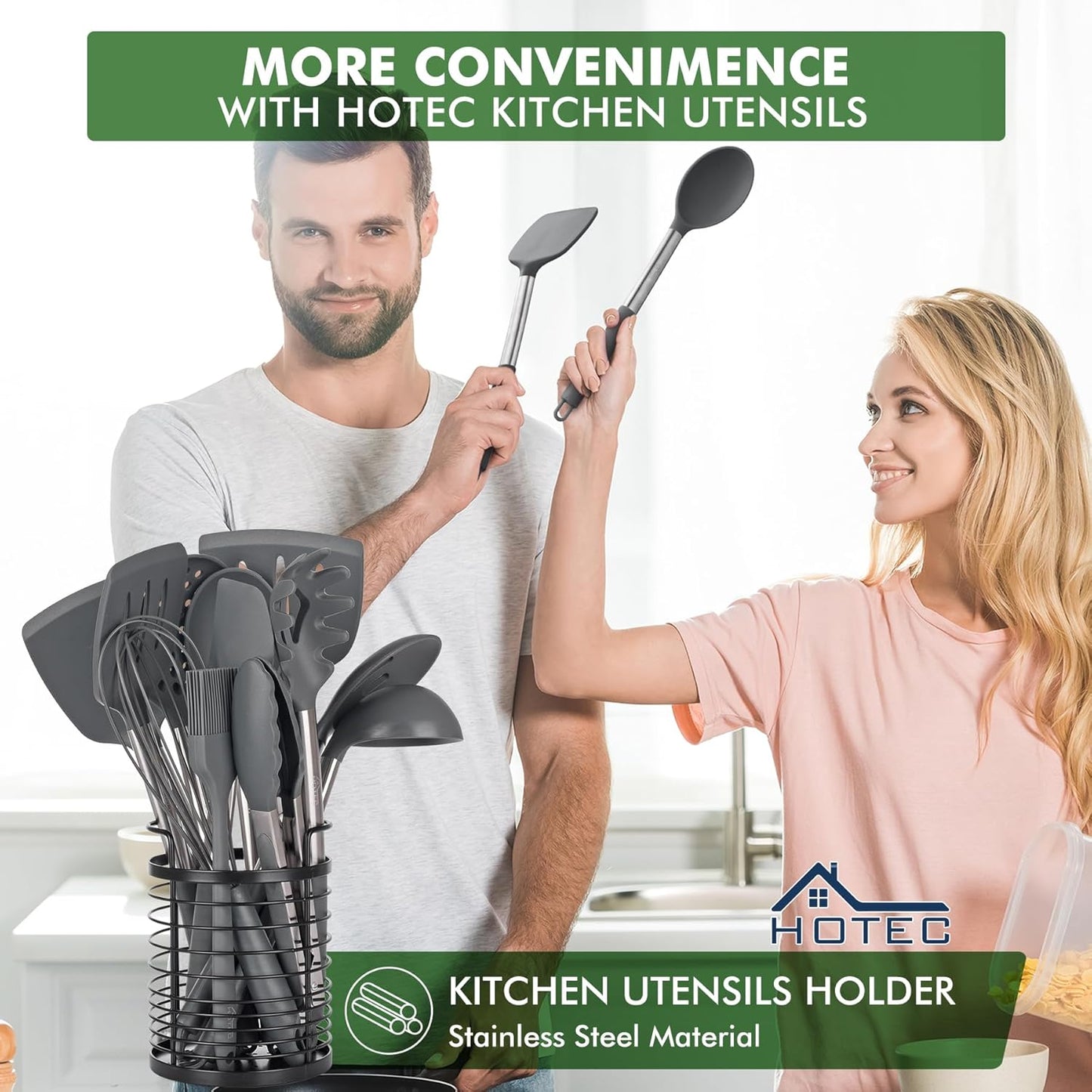HOTEC 446°F Heat Resistant Silicone Kitchen Utensils, Cooking Utensil Set, Spatula Set, BPA Free, Kitchen Gadgets, With Stainless Steel Utensils Holder, Dishwasher Safe 14pcs Khaki