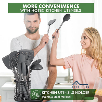 HOTEC 446°F Heat Resistant Silicone Kitchen Utensils, Cooking Utensil Set, Spatula Set, BPA Free, Kitchen Gadgets, With Stainless Steel Utensils Holder, Dishwasher Safe 14pcs Khaki