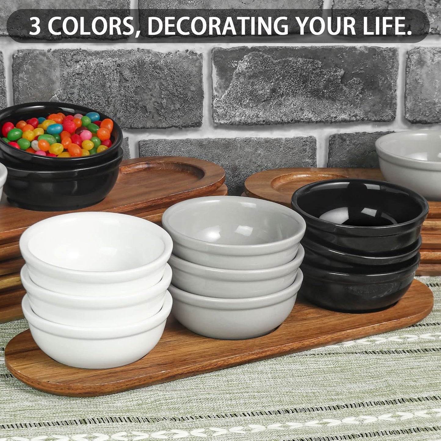 Artena 6oz Turquoise Solid Ceramic Chips and Dip Serving Platter with Acacia Wooden Tray, 4.5inch Glazing Small Serving Bowls/Dipping Dishes for Condiments,Side Dishes, Dipping, Pre, Dessert, Salsa