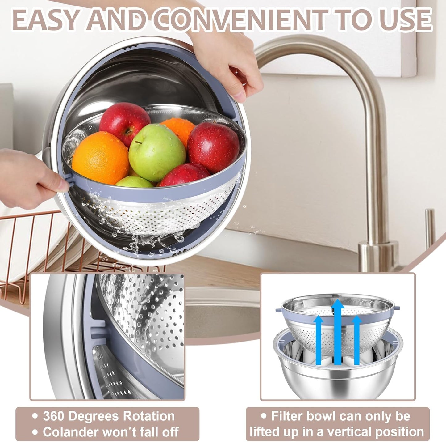E-far Colander with Mixing Bowl Set, 4-1 Stainless Steel Colander Strainers Bowl with Graters for Kitchen, Rotatable Food Strainer Bowl for Rinsing Fruits Vegetables/Draining Pasta - Black