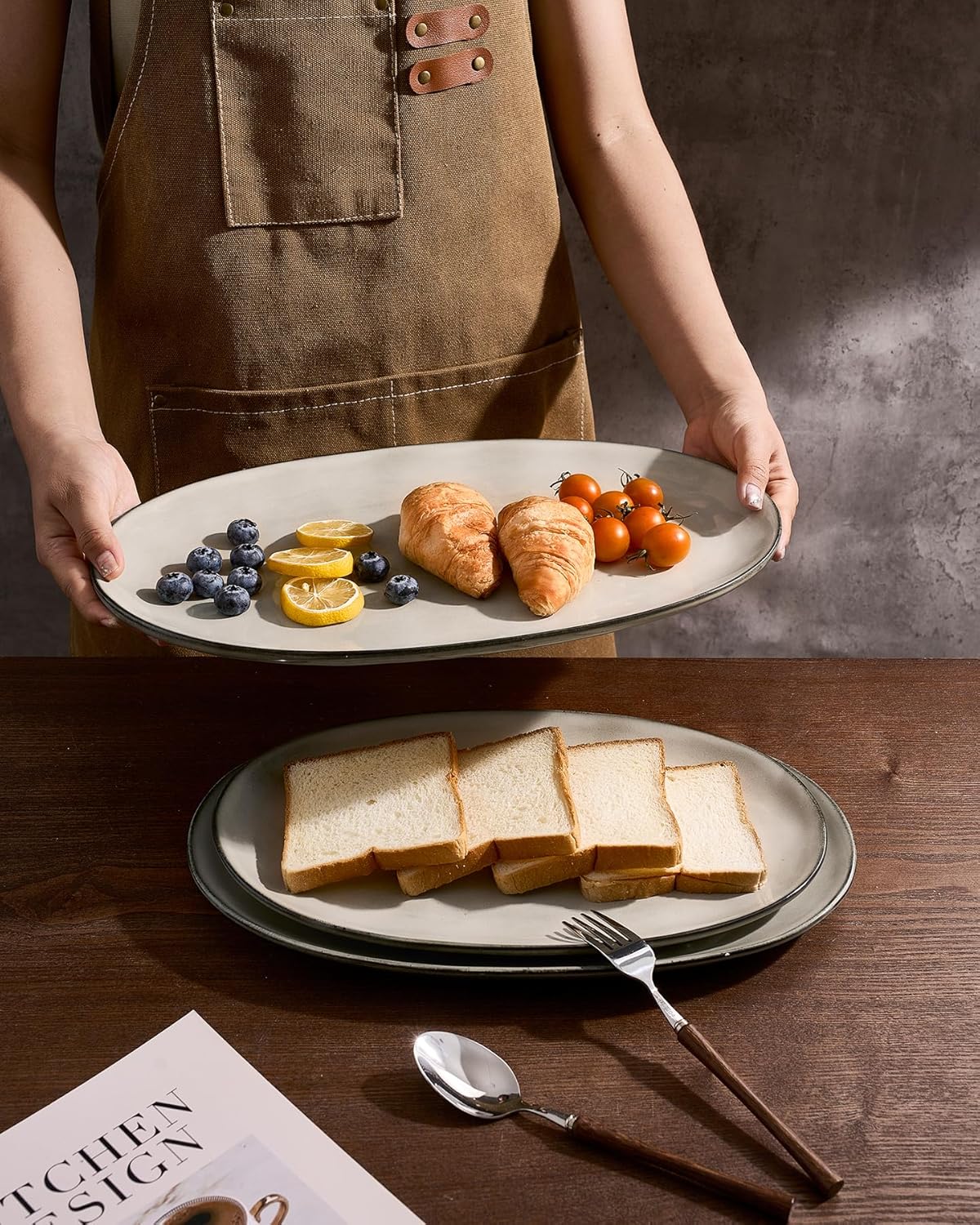 famiware Serving Platter, Oval 15.59/14.3/12.9inch Serving Dishes for Entertaining, Serving Bowls, Microwave Safe, Stoneware Serving Trays for Party, Food, Turkey, Cheese, Ocean Series, Vanilla White