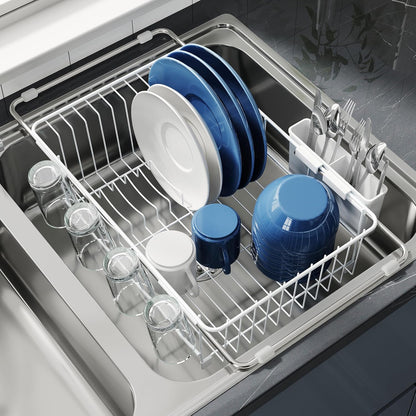 JASIWAY Dish Drying Rack in Sink, Expandable Stainless Steel Dish Drainers for Kitchen Counter, Dish Dryer Rack for Inside Sink, Over The Sink Dish Racks with Utensil Holder, Silver