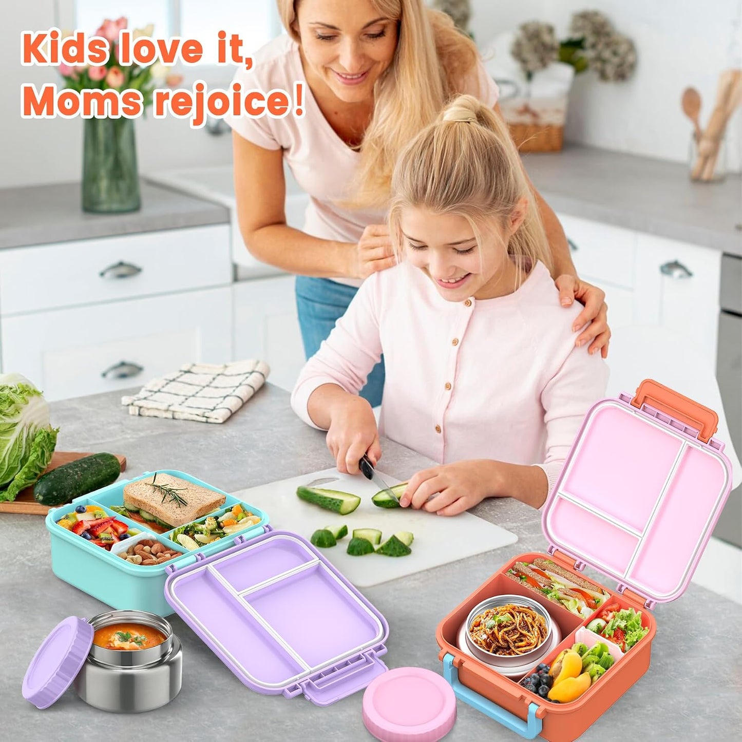JOOPETALK Bento Lunch Box Set for Kids with 9oz Soup Thermo, Insulated Lunch Bag,Leak-proof BPA-free Lunch Food Container with 3-4 Conpartments for School Travel-Blue