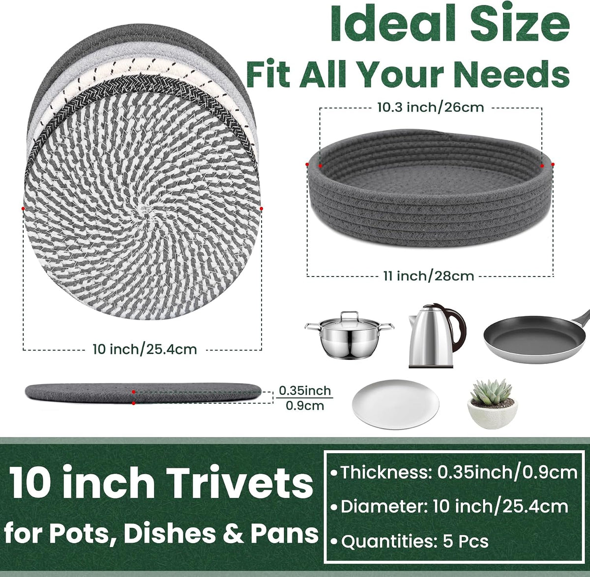 10 Inch Trivets for Hot Dishes, Hot Pots and Pans, 5 Pcs
