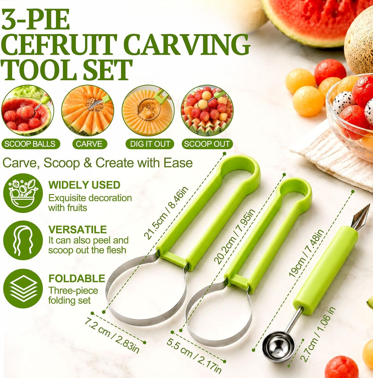 Suuker 4 in 1 Melon Baller Scoop Set, Green
