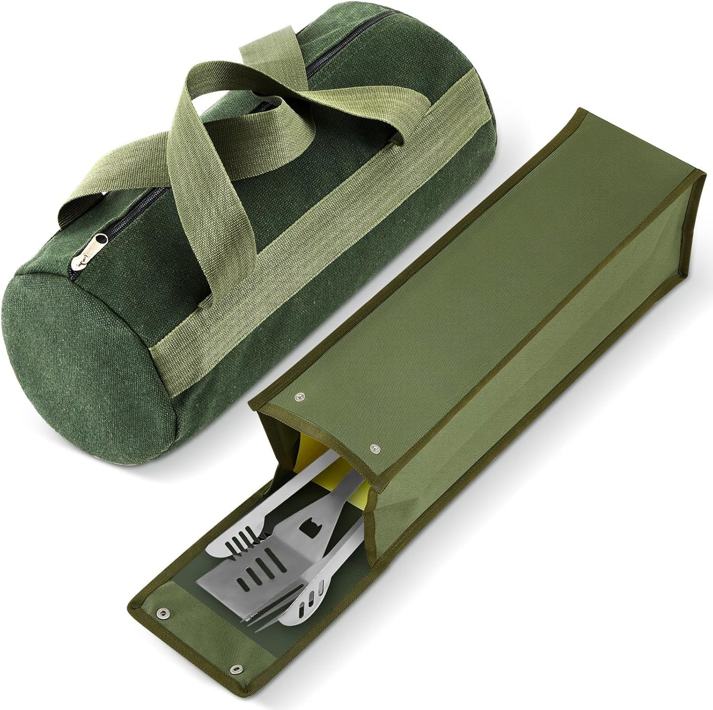 Amylove 2 Pcs Grill Utensil Storage Bag 20" Extra Thick Canvas Barbecue Grill Tool Storage Bag Carry Container Waterproof Zipper Closure, for Outdoor Grilling Camping Hiking Barbecue Accessory(Green)