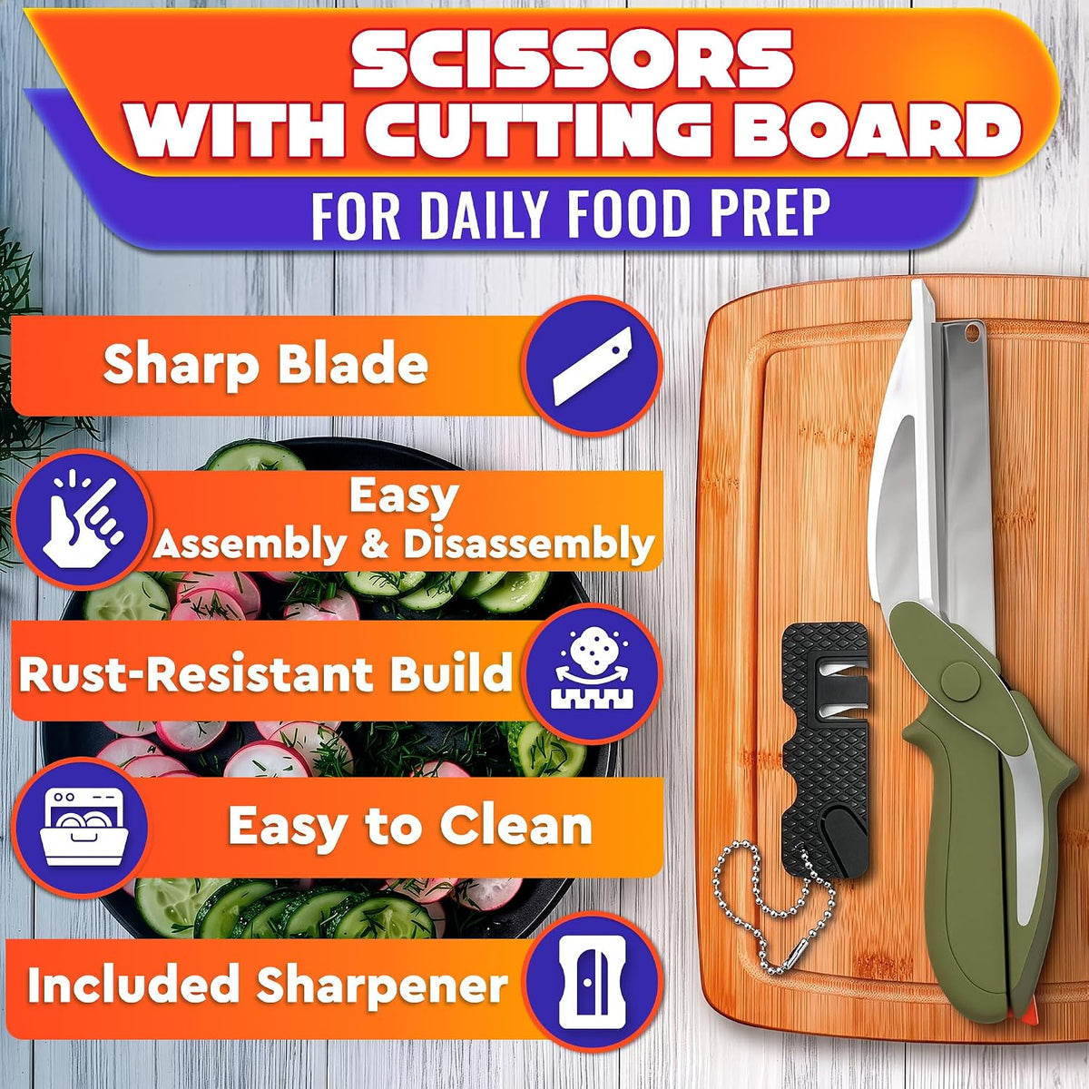 2 in 1 Kitchen Scissors for Food with Knife Sharpener (Grey)