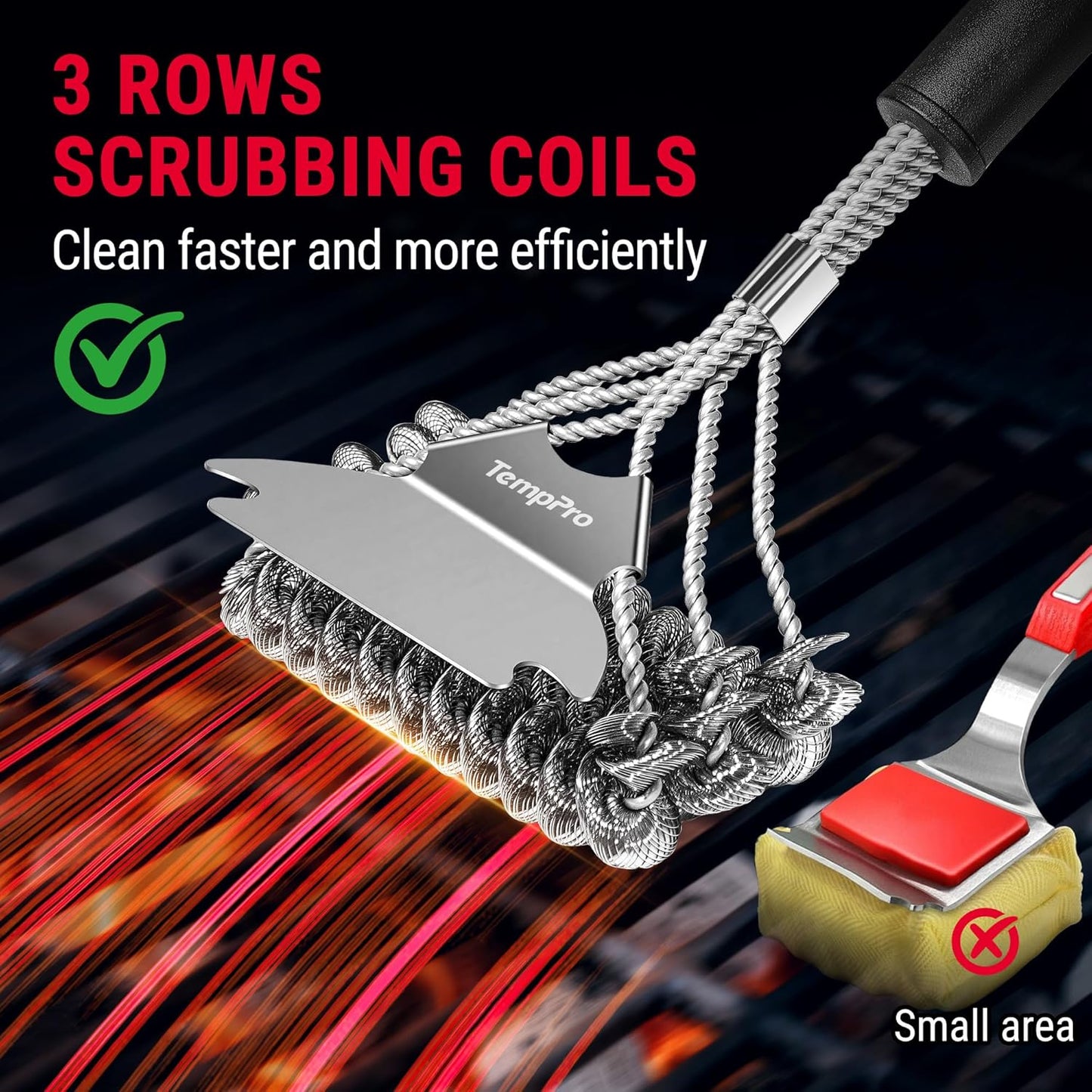 TempPro BBQ Grill Brush with Wide Scraper, Bristle-Free Stainless Steel Grilling Cleaner, Safe All-Grate Cleaner, Perfect for BBQ Grill Cleaning Accessory (Previously ThermoPro)