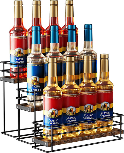 Nuovoware Coffee Syrup Organizer, 2-Tier 10 Bottles Bar Organizer, Separable Metal Rack with Wooden Base Whiskey Wine Dressing for Countertop Kitchen Coffee Bar, Black