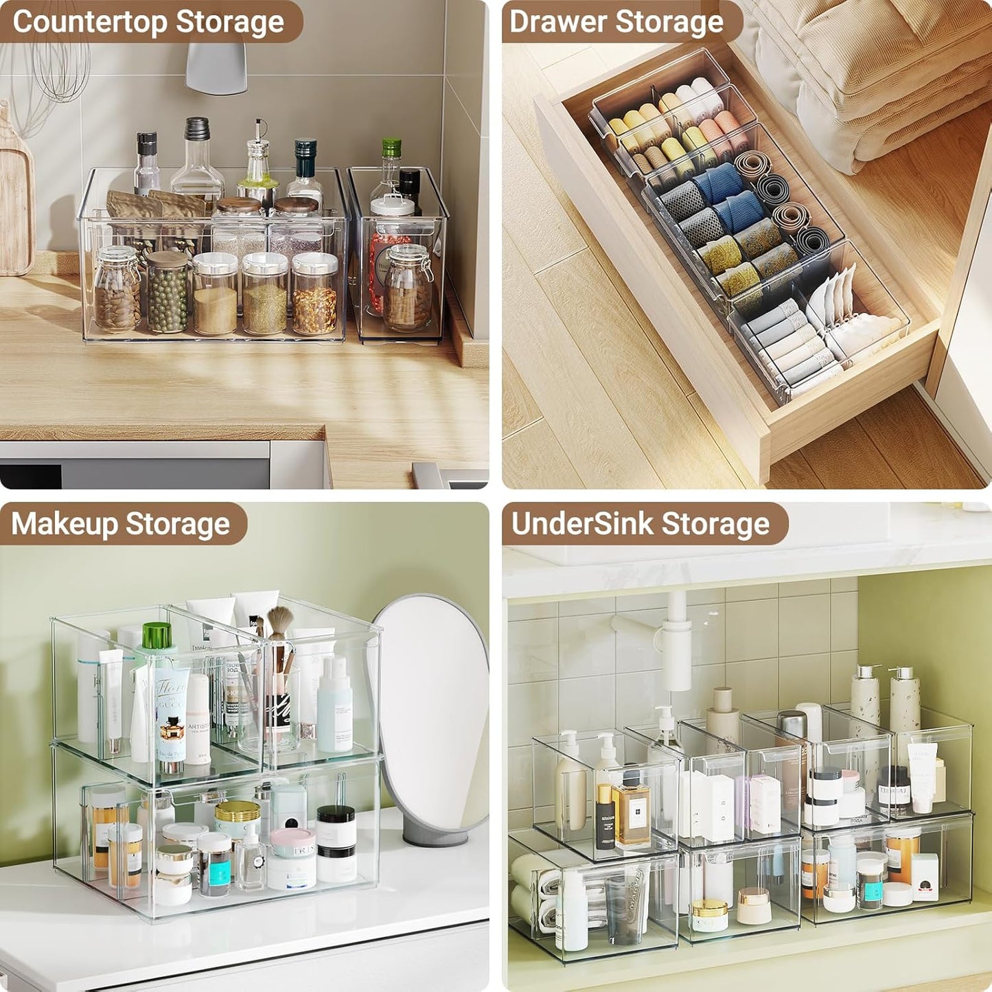 Clear Plastic Storage Bins with Dividers for Fridge Pantry Organizers and Storage Containers, 3 Pack Acrylic Stackable Sturdy Storage Boxes for Home Edit and Cabinet Organizers C6-1