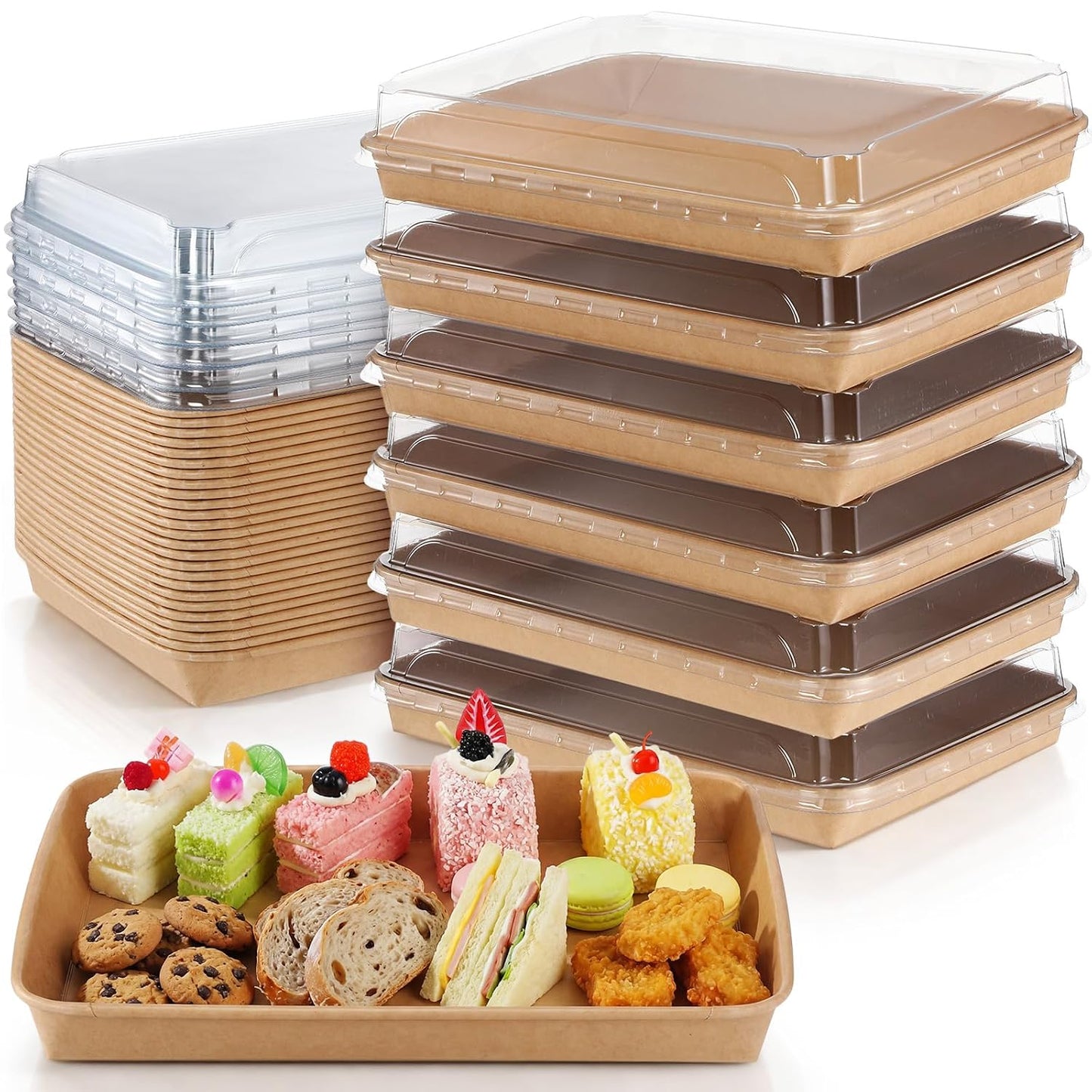 30 Pack Catering Trays with Clear Lids 10.3" x 7.3" Serving Trays Kraft Paper Charcuterie Boxes Party Platters Take Out Food Containers for Snacks Fruit Cookies Dessert Sandwiches