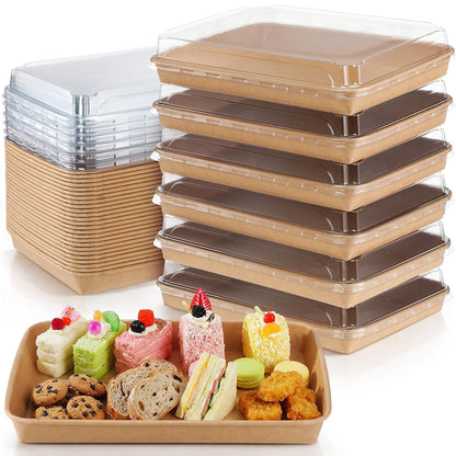 30 Pack Catering Trays with Clear Lids 10.3" x 7.3" Serving Trays Kraft Paper Charcuterie Boxes Party Platters Take Out Food Containers for Snacks Fruit Cookies Dessert Sandwiches