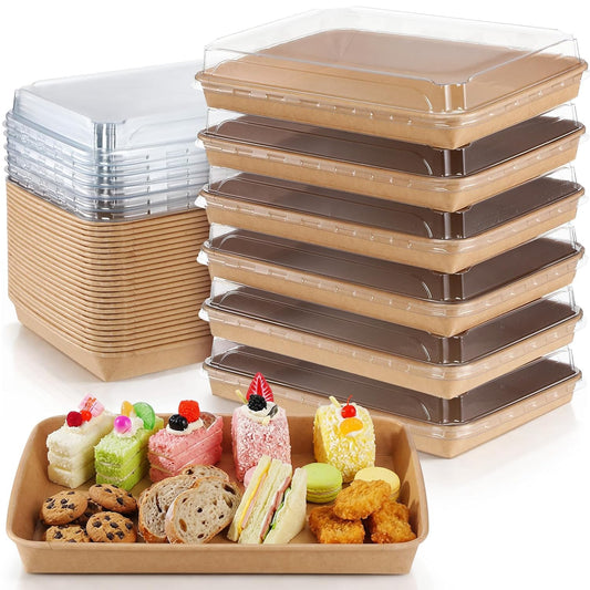 30 Pack Catering Trays with Clear Lids 10.3" x 7.3" Serving Trays Kraft Paper Charcuterie Boxes Party Platters Take Out Food Containers for Snacks Fruit Cookies Dessert Sandwiches