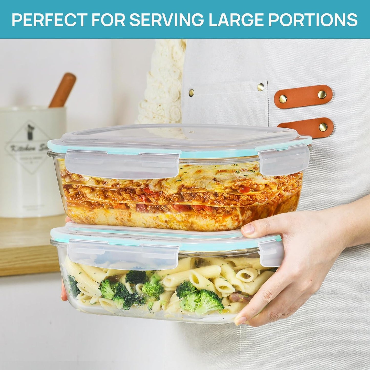 Vtopmart 2Pack 1860ml/63oz Large Glass Storage Containers with Lids, Meal Prep Food Container Set with Snap Airtight Lid for Baking, Microwave, Oven, Leak Proof, for Freezer, Dishwasher, Grey