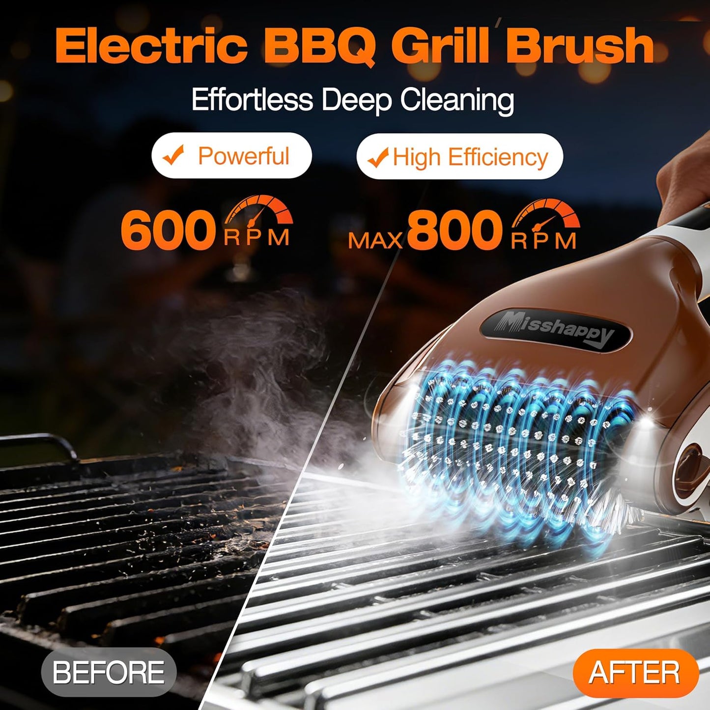 Misshappy Electric BBQ Grill Brush - 4000mAh Cordless BBQ Grill Cleaner 2 Speed - 800RPM Bristle Free Electric Grill Cleaner for Outdoor Grill Rechargeable with Scraper/LED Light/LED Display (Brown)