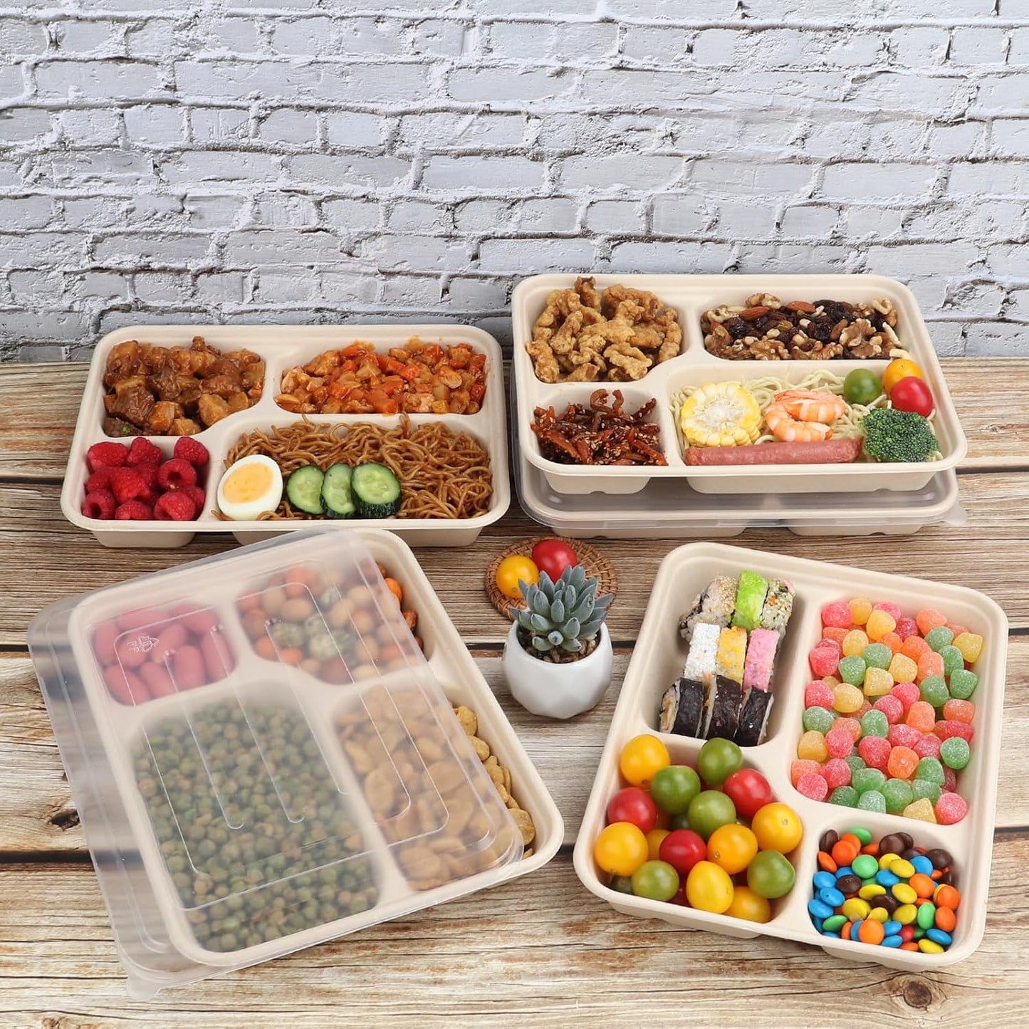 23 oz 3 Compartments disposable plates with Lids Plant Fiber 50 Pack