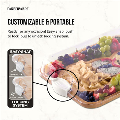 Farberware Build-A-Board Bamboo Cutting Board with Built-In Compartments & Clear Locking Lid, Black Handles, Charcuterie, Snack Tray, Food Prep and Serving Platter
