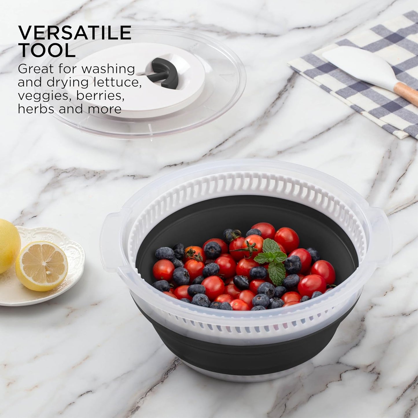 COOK WITH COLOR Collapsible Salad Spinner - 4 QT Space Saving Lettuce Dryer with Folding Collapsible Colander Great for Washing and Drying Fruit and Vegetables (Grey)