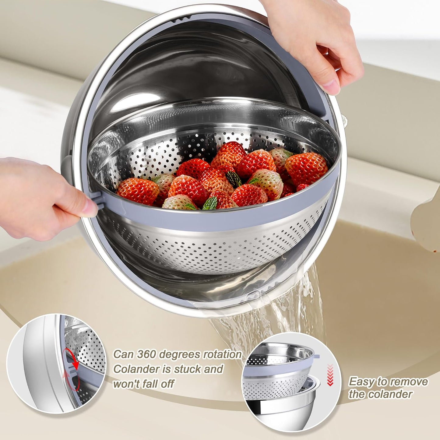 HaWare Mixing Bowl with Colander, 4-1 Stainless Steel Bowl Set with Lids & 3 Pcs Nesting Graters, Rotatable Food Strainer for Rinsing Fruits Vegetables, Non-Slip Bottom, Black