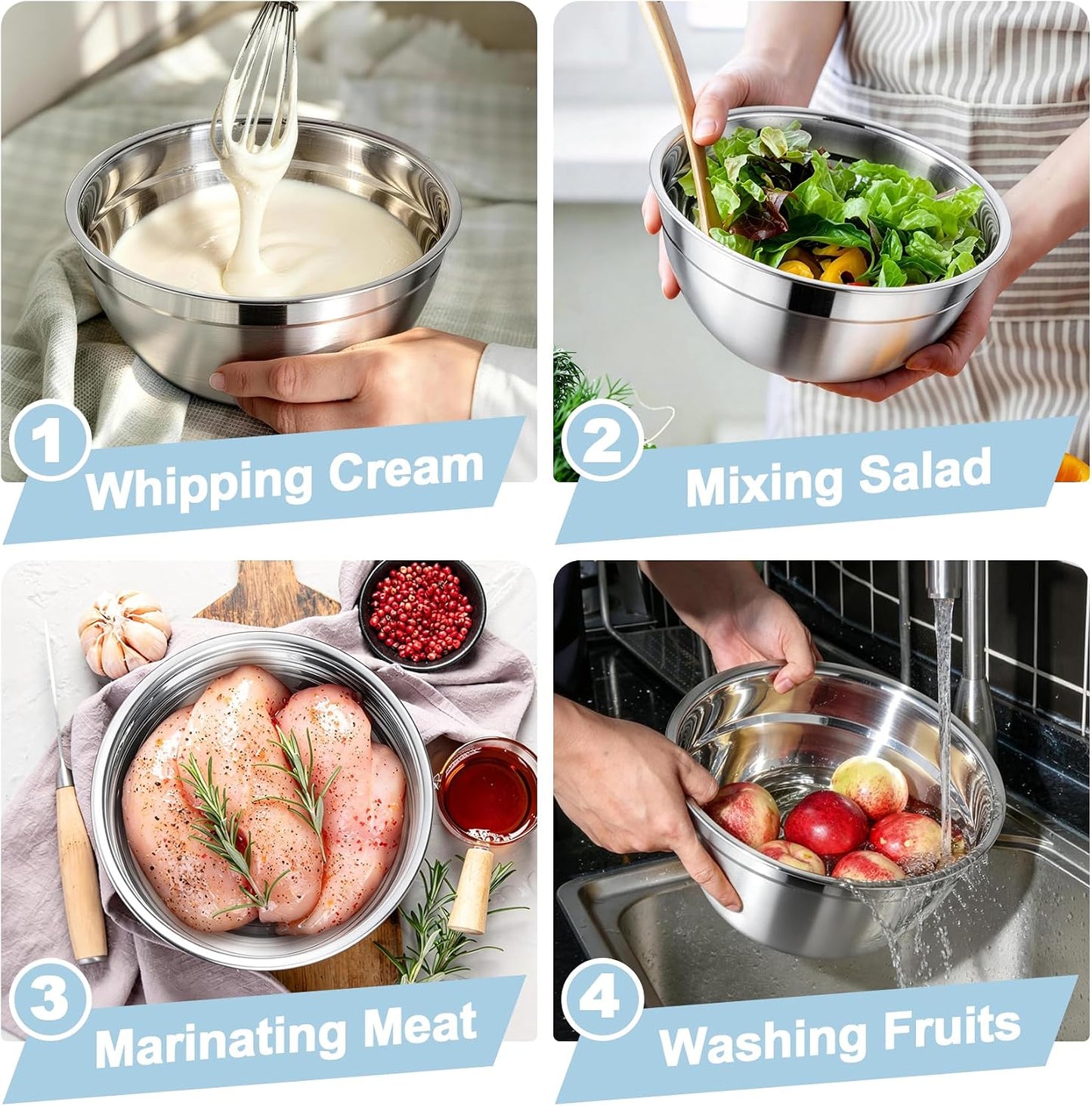 TeamFar Mixing Bowls, Stainless Steel Nesting Salad Bowls with Airtight Lids Set, For Serving/Mixing/Storing, Healthy & Long-lasting, Dishwasher Safe & Easy Clean, 4.6/3 / 1.5 QT, Colorful