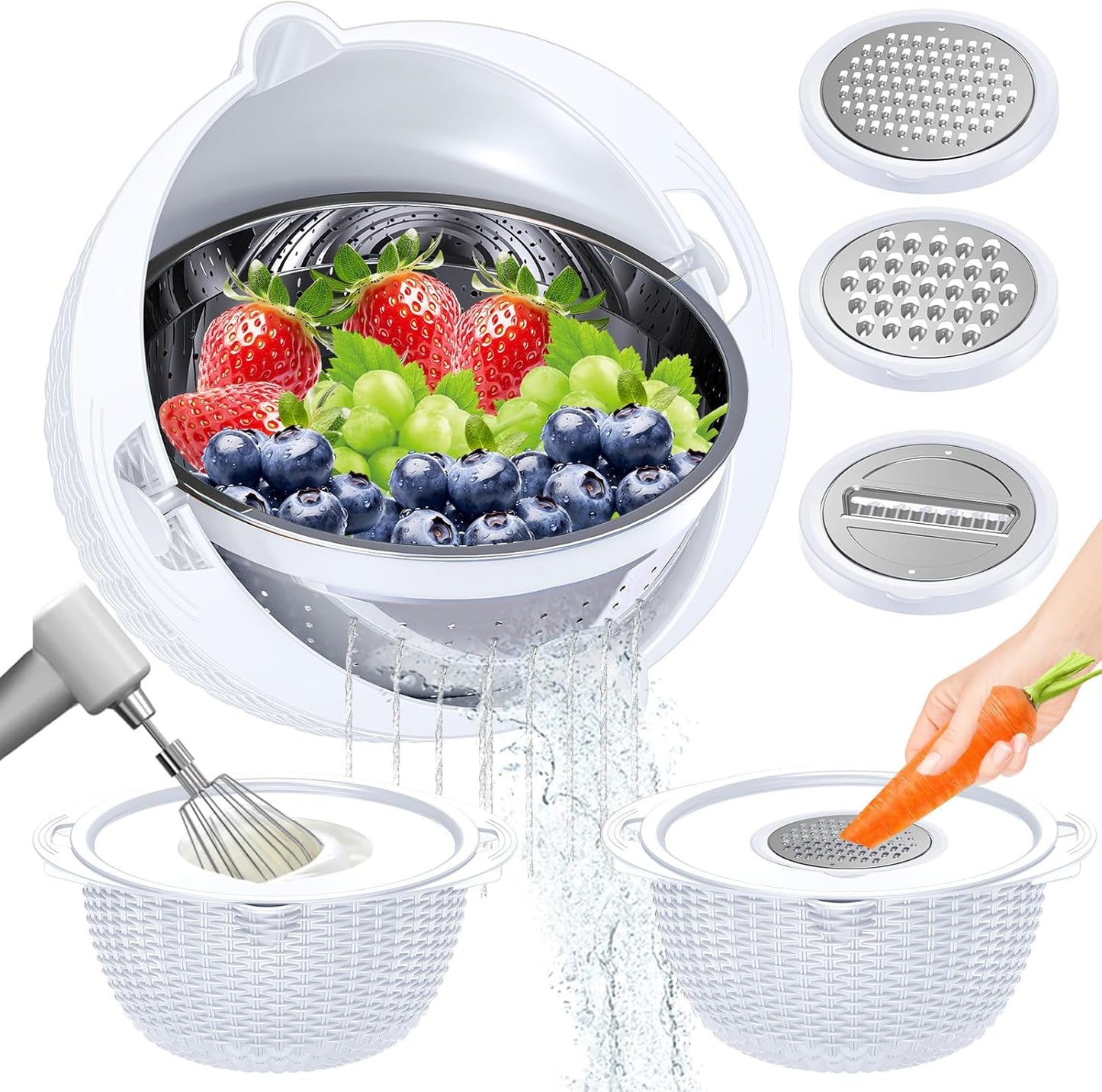 4-in-1 Colander with Bowl Set — Patented 360° Rotatable Strainer Bowl with 3 Graters, Snap-On Lid & Non-Slip Base, Funny Kitchen Present for Women, Aesthetic Pasta Fruit Vegetable Strainer (Beige)
