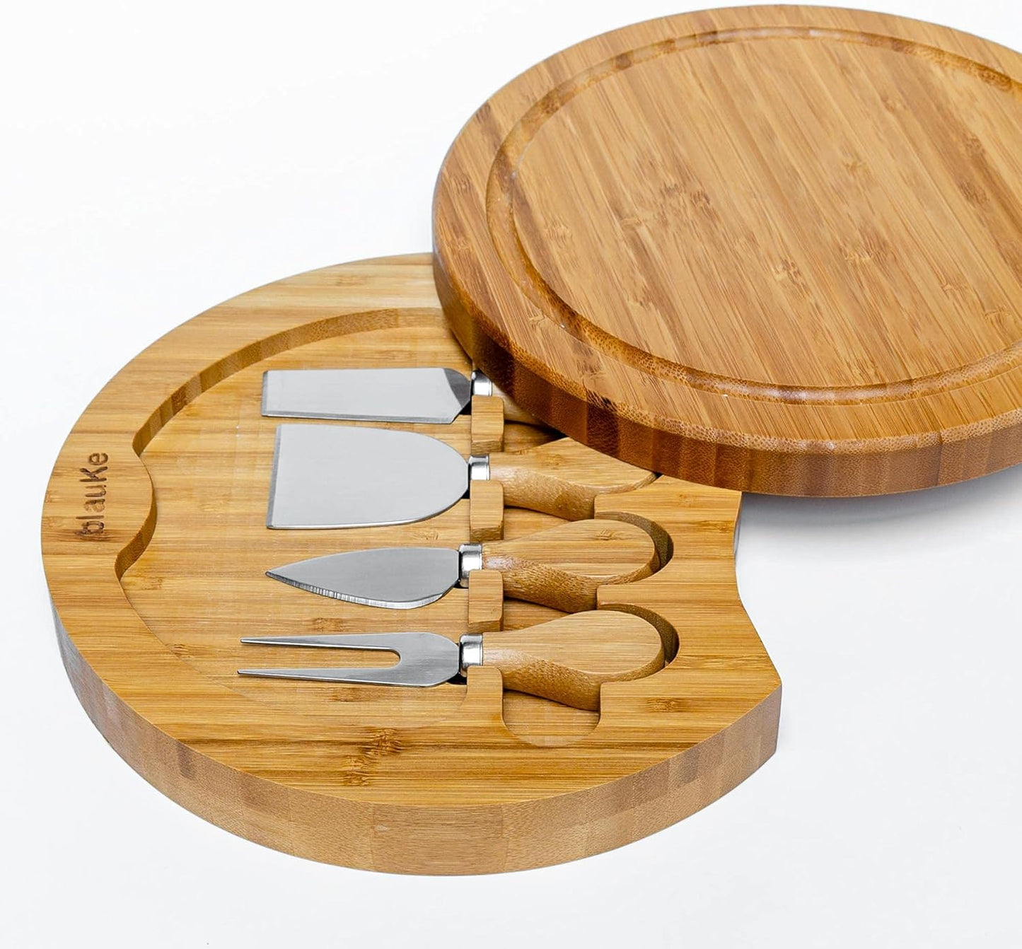 Bamboo Cheese Board and Knife Set – 14 inch Round Charcuterie Board, Serving Tray, Platter, Wood Cheeseboard Set with Slide-Out Drawer – BlauKe®