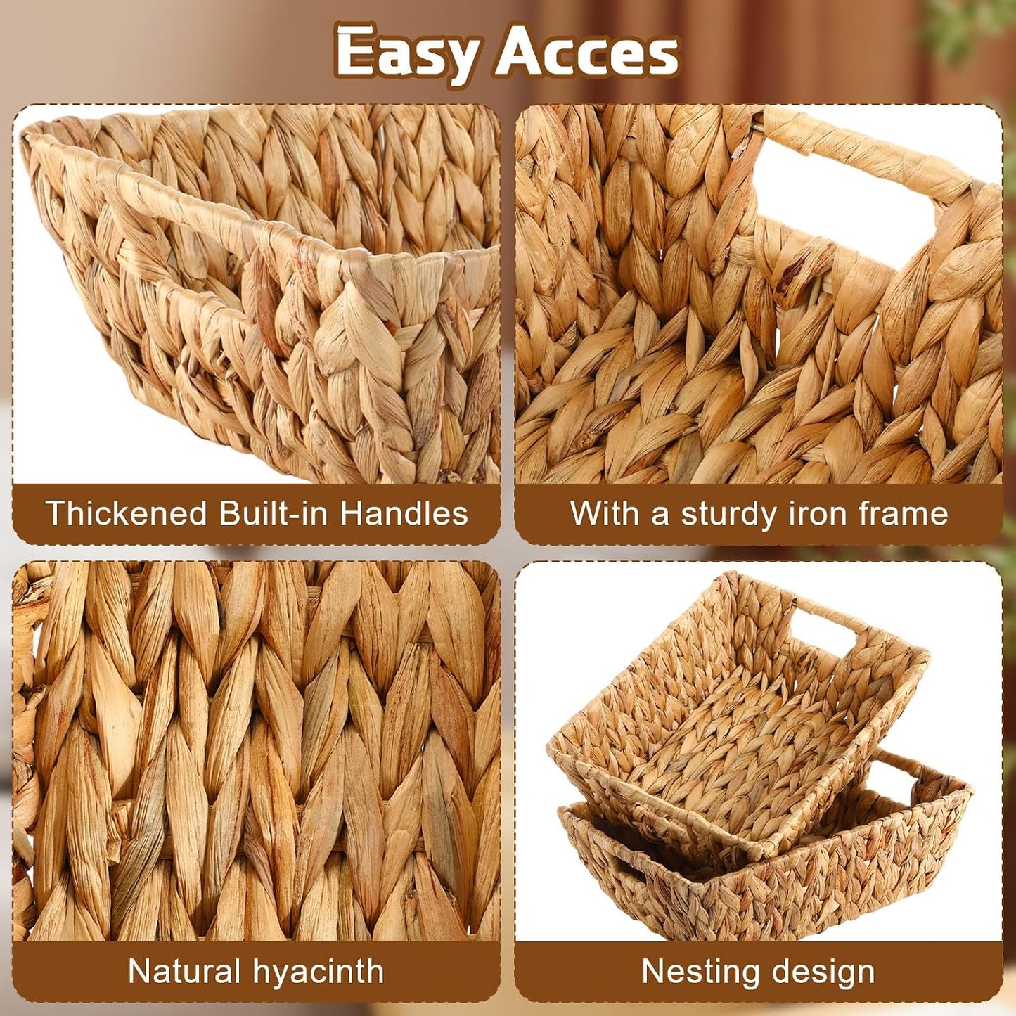 Novabright 4 Pcs Water Hyacinth Storage Baskets 14"L x 10''W x 4.7''H Large Wicker Woven Basket with Handles Pantry Gift Baskets Natural Storage Bins for Organizing Countertop