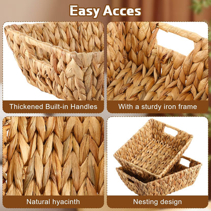 Novabright 4 Pcs Water Hyacinth Storage Baskets 14"L x 10''W x 4.7''H Large Wicker Woven Basket with Handles Pantry Gift Baskets Natural Storage Bins for Organizing Countertop