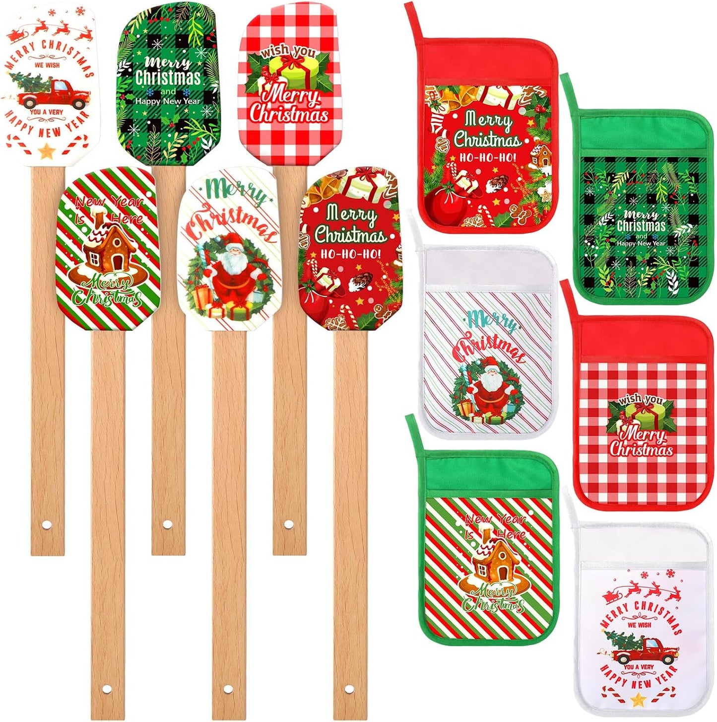 Zhehao 12 Pcs Christmas Silicone Spatulas Pot Holders Set Heat Resistant Pot Holders with Pocket Baking Gifts for Christmas Gift Party Supplies (Vibrant Christmas Style)