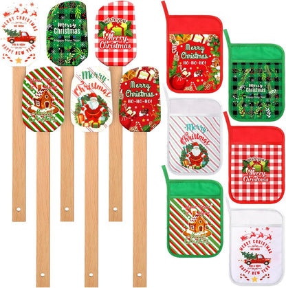 Zhehao 12 Pcs Christmas Silicone Spatulas Pot Holders Set Heat Resistant Pot Holders with Pocket Baking Gifts for Christmas Gift Party Supplies (Vibrant Christmas Style)